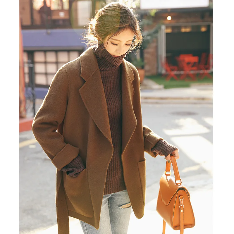 Winter Korean Women Wool 100% Coat Robe Style High Street Large 2 Pockets Double Faced Handmade Short Design with Belt | Женская одежда
