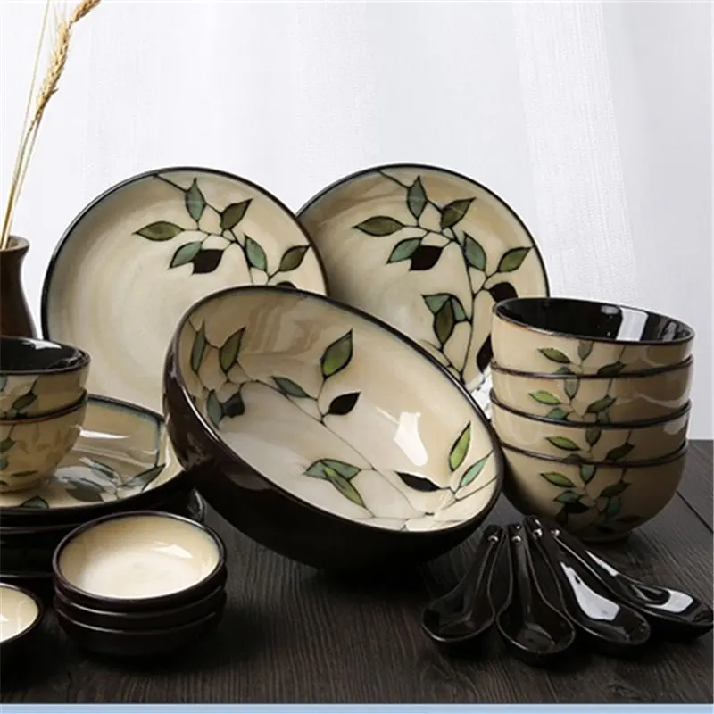 

Japanese Style Japanese Style Kiln Glazed Ceramic Tableware, Hand-painted Bamboo Leaf Nest Plate, Deep Dish Plate, Dumpl