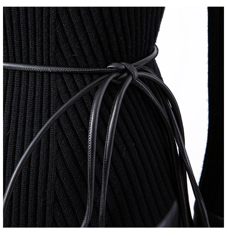 

ZCSMLL Black Stitching Pu Women Sweaters Long Sleeve Round Collar Korea Fashion Female Pullover 2021 Spring Tide
