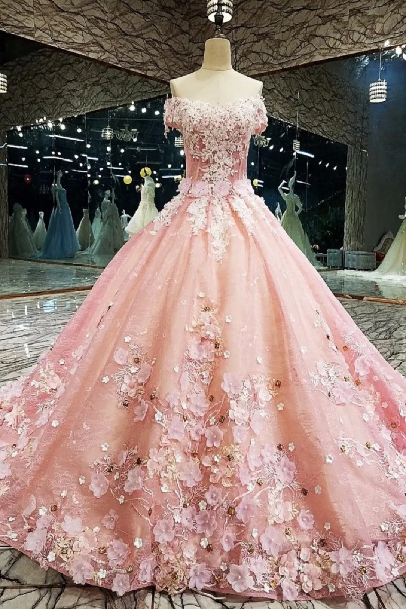 off shoulder strapless crystal flower 3d evening dresses ball gown dresses pink quinceanera