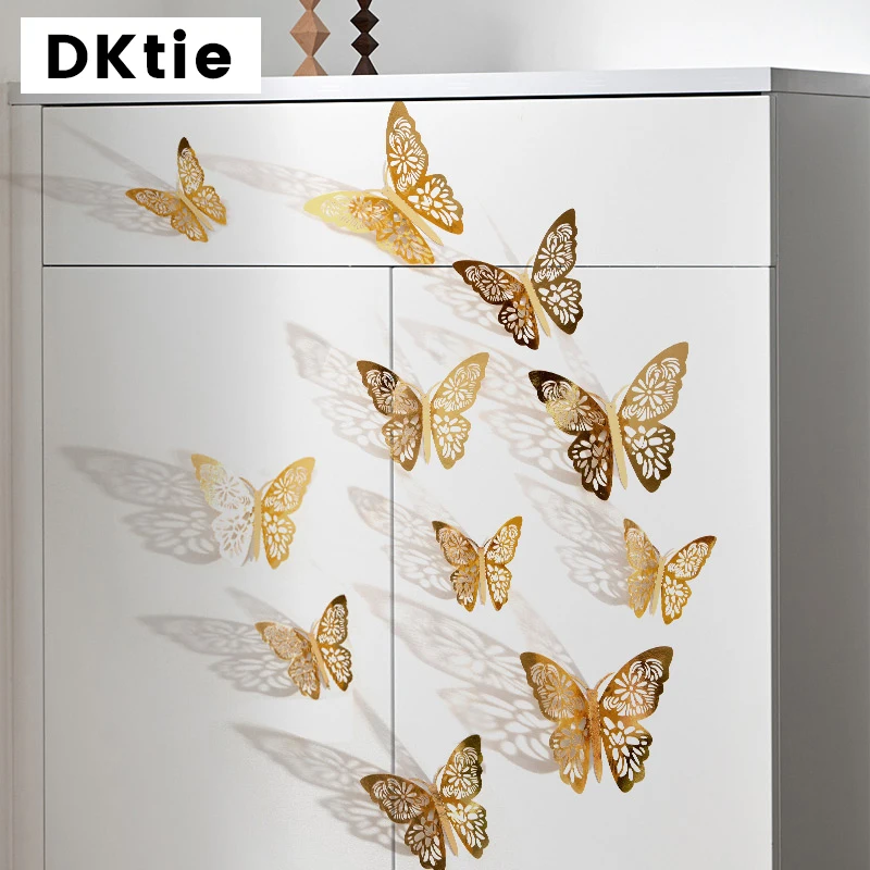 

12pcs/set 3D butterfly wall stickers wedding decoration window refrigerator stickers home decoration golden silver butterfly