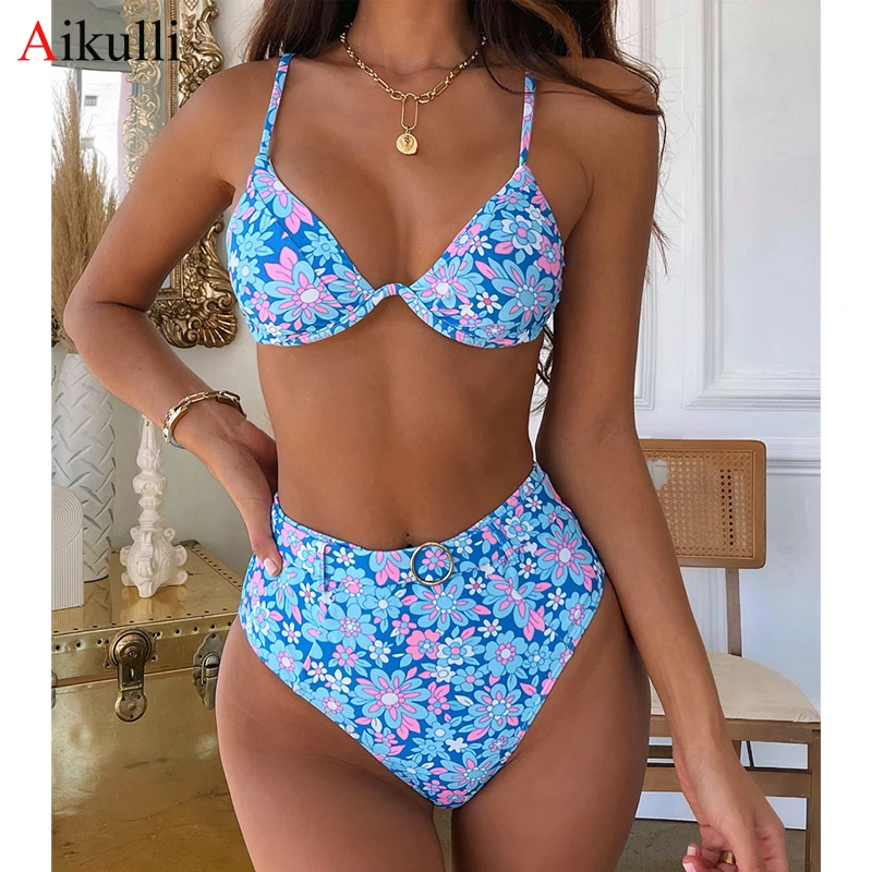

Сексуальное бикини с высокой талией, купальный костюм с цветочным принтом, Женский комплект из двух частей, бикини пуш-ап, лето 2021, пляжная о...