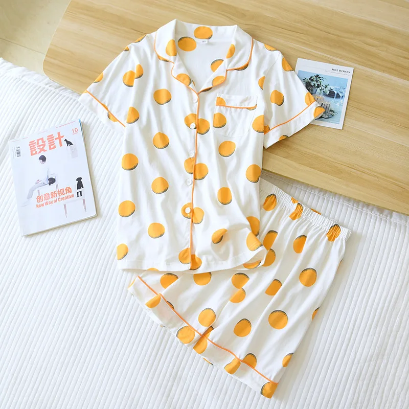 

Korean Summer Ladies Pajamas Set Knitted Cotton Pyjamas Women's Sets with Shorts Thin Loose Wave Point Pyjamas Women Casual Home