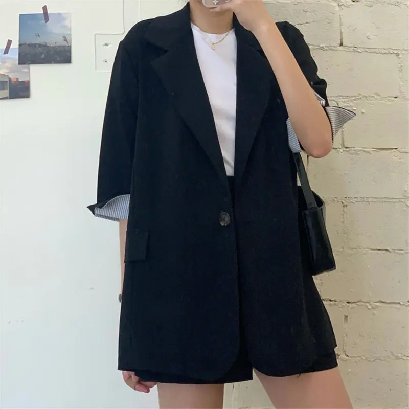 

HziriP New Minimalist 2021 Loose OL Chic All Match Office Lady Blazers+Sexy High Waist Wide Leg Shorts Suits Women 2 Piece Sets