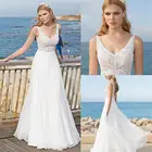 Свадебные платья с V-образным вырезом, трапециевидной формы, на шнуровке, с аппликацией, без рукавов, шифоновые сексуальные платья Свадебные платья с глубоким вырезом на спине