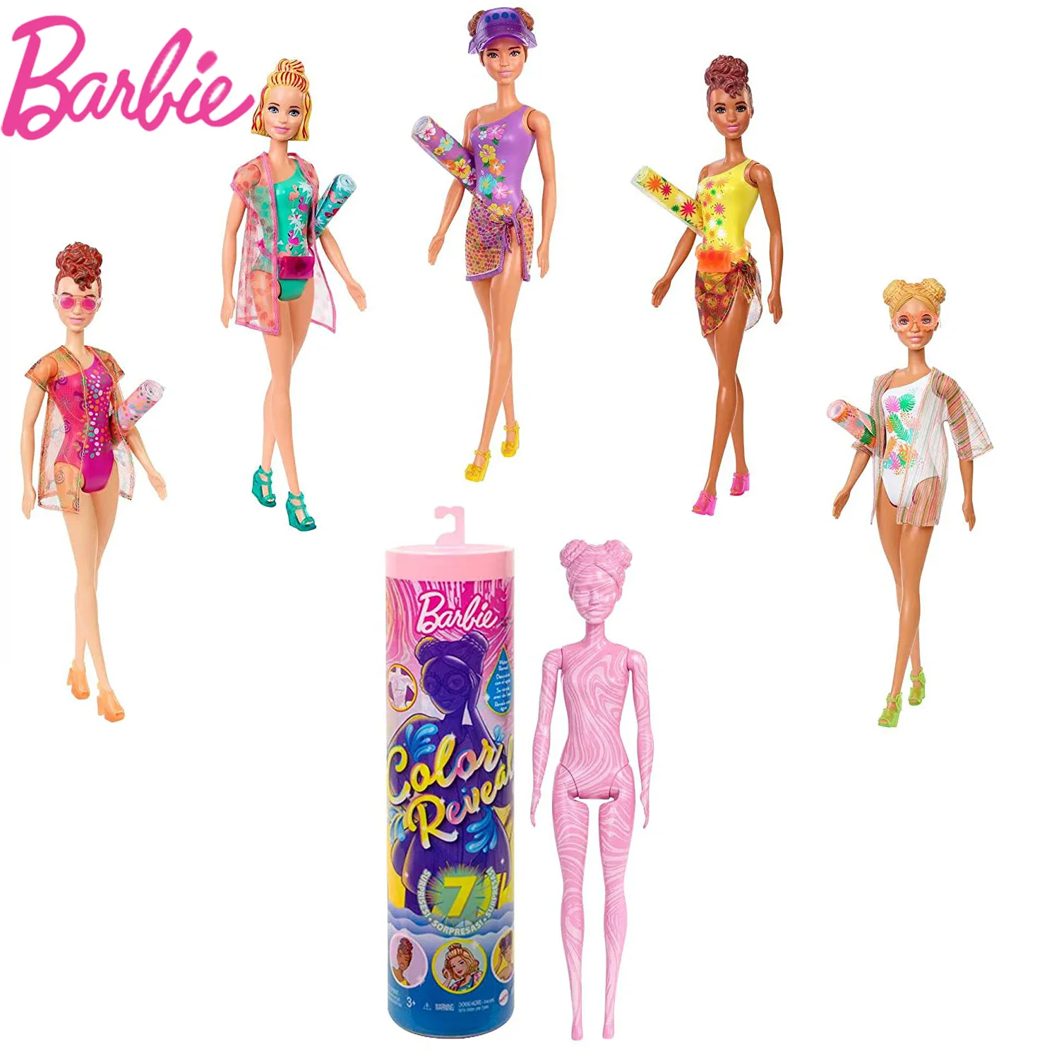 

Barbie Color Reveal Doll with 7 Surprises Sand & Sun Series Beach Look Boneca Makeup Toys Accessories Blind Box Barbie Toy GWC57