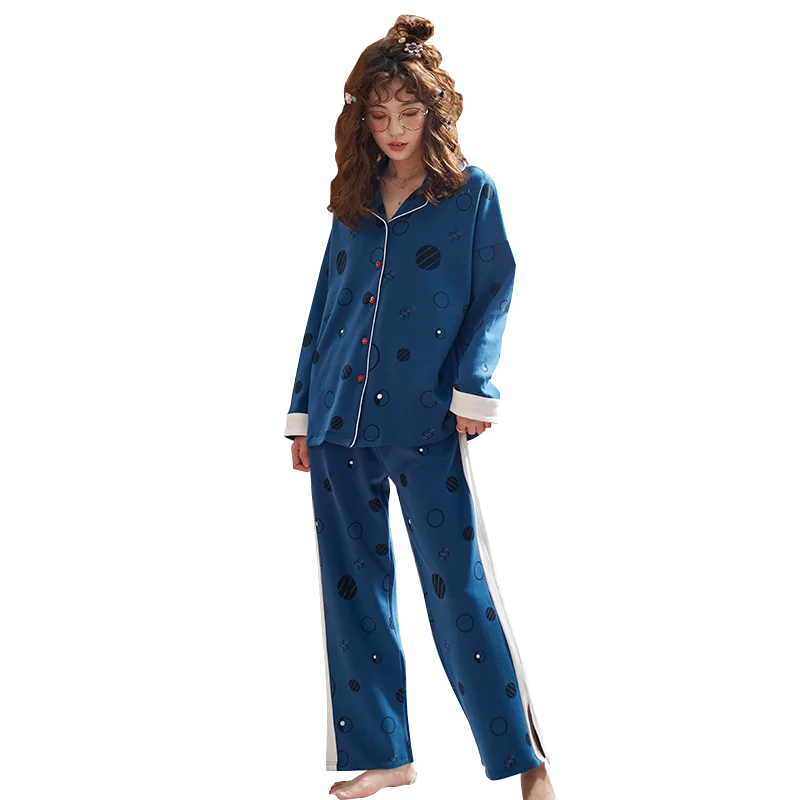 

BZEL Turn-down Cotton Sleepwear Polka Dot Pattern Pajama Set Casula Nightwear New Style Long Sleeve Long Pants Nighty Pijama 2PC