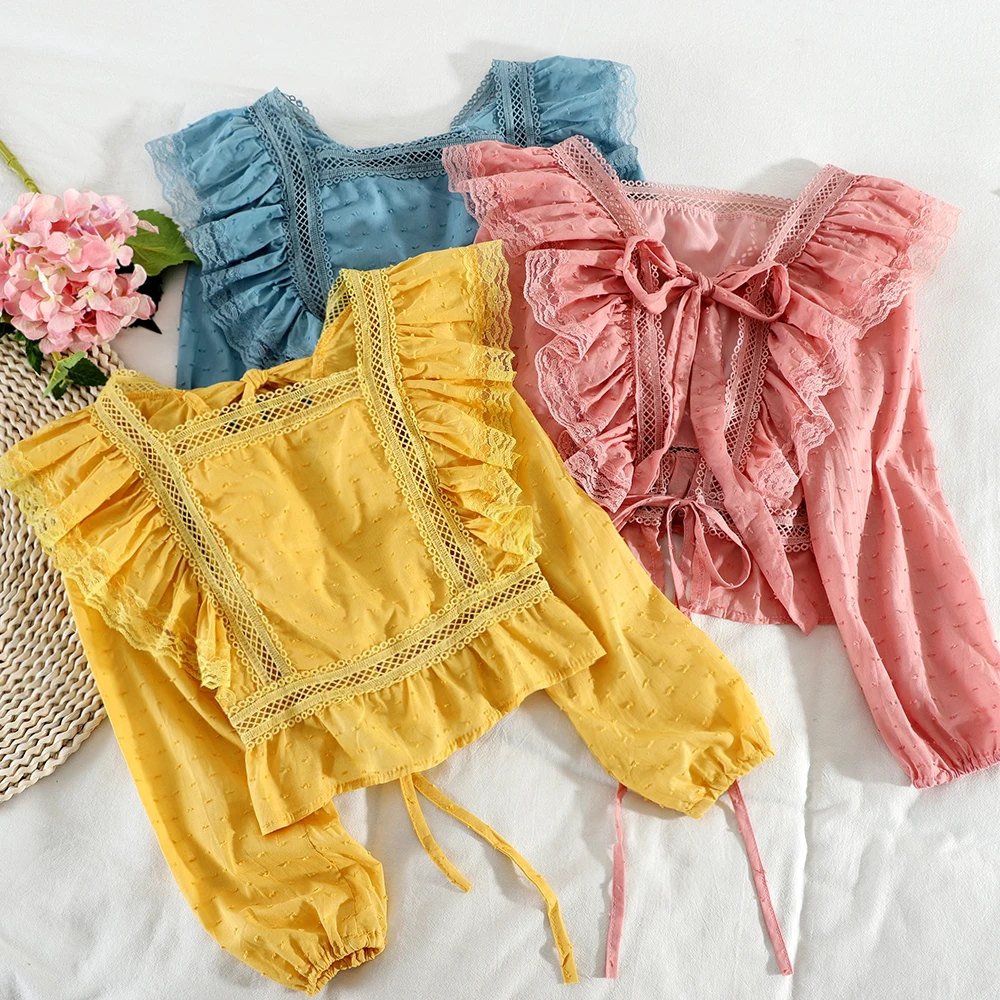 Женская Осенняя блузка с бантиком кружевная оборками укороченный топ длинными