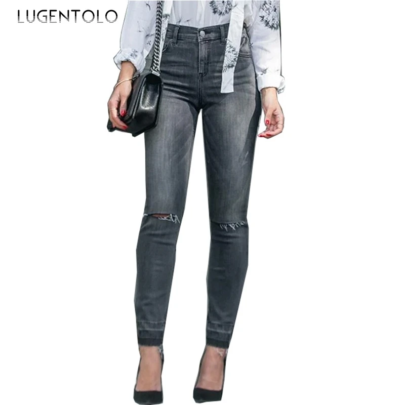 

Lugentolo Women Long Jeans Fashion Holes Tassels Sexy Straight Slim-fit Simple Jeans Street Female Casual All-match Jeans
