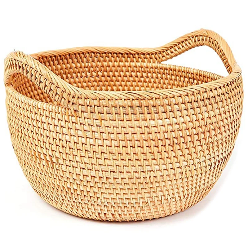 

Round Rattan Bowl with Straps - Wicker Basket for Organizing, Storage. Picnic Basket (11.8 inch)