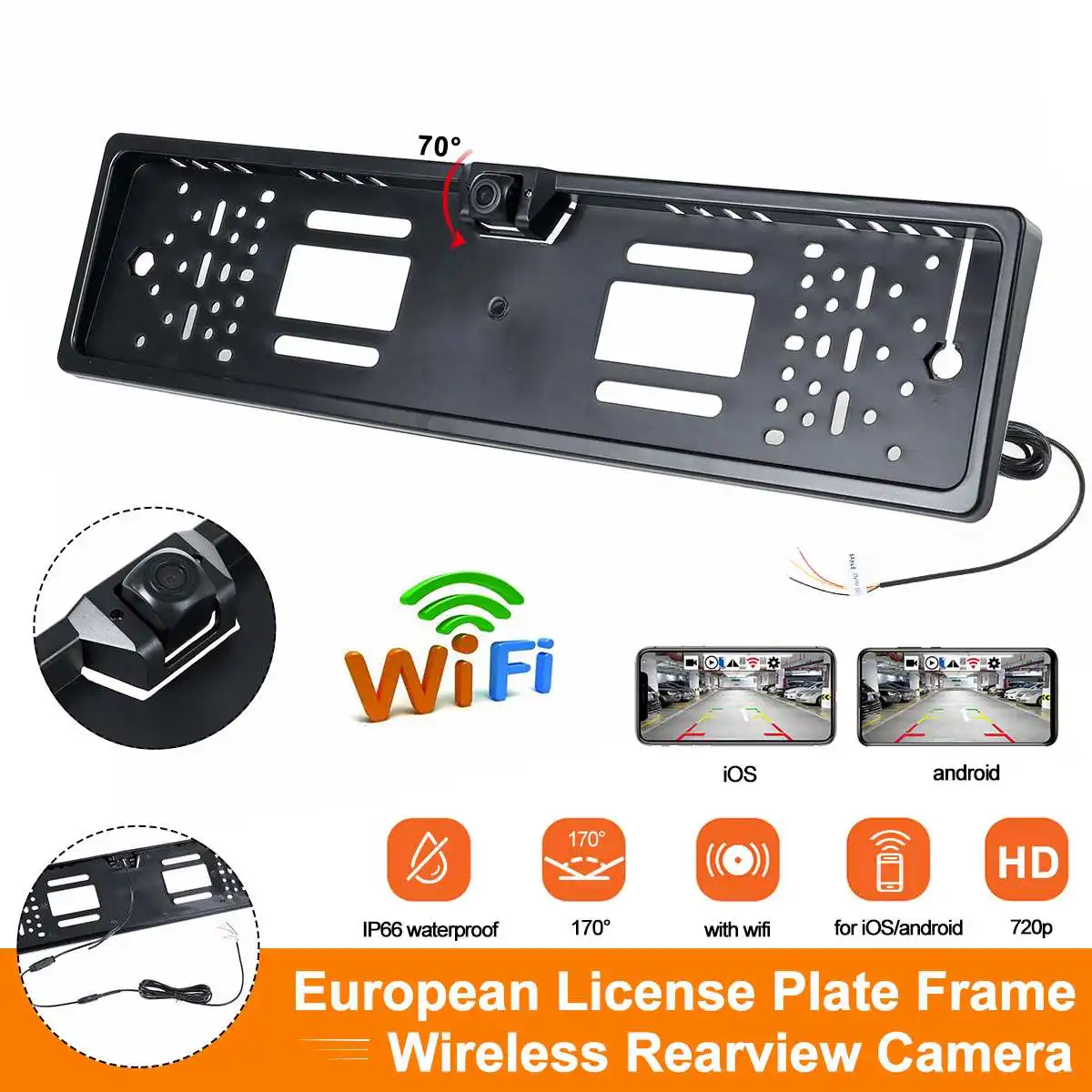 

American / European License Plate Frame Digital WIFI Rear View Camera iOS Android Wireless IR Night Vision Reverse Backup Camera