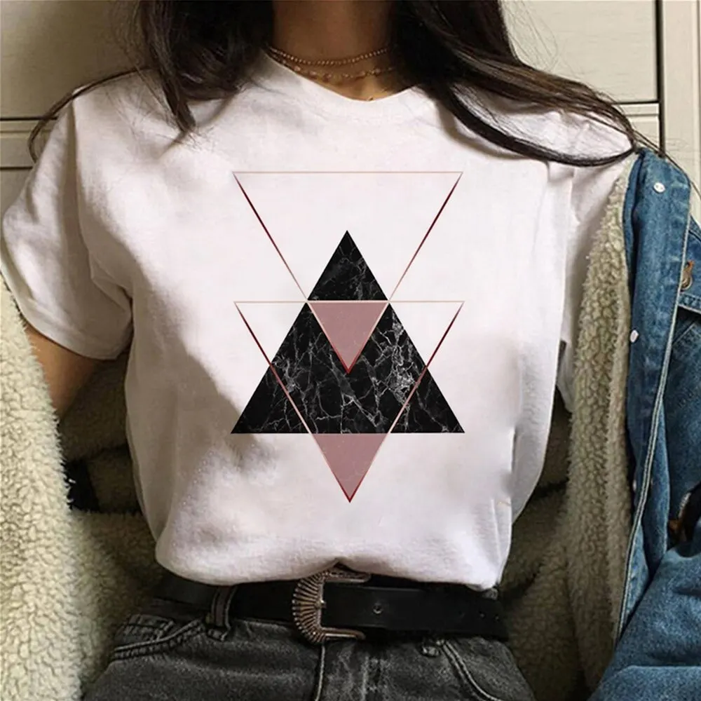 

2021 New Summer Geometry Printed T-shirts Women White Short Sleeve T Shirt Harajuku Y2k Round Neck Tops Tee Female Casual Tshirt