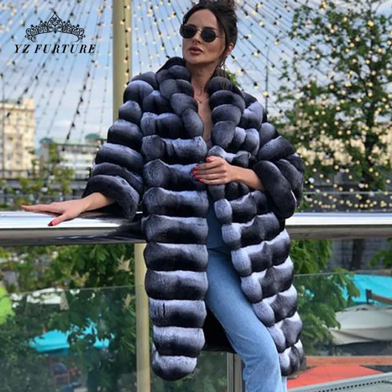 YZ Future Chinchilla Women Winter Rex Rabbit Coat Real Natural Fur Whole Skin With Collar Jacket Classic Style Fashion | Женская одежда