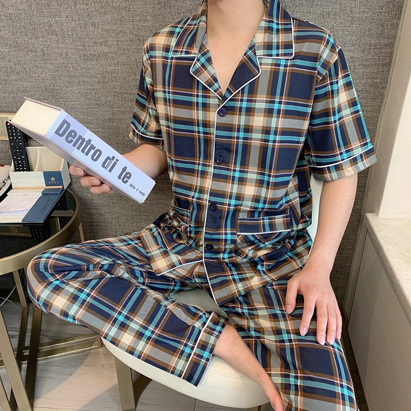 CAIYIER Summer with Short Sleeves Men's Pyjamas Suit Men Leisure Sleepwear Hort Sleeve Long Pants Blue Plaid Pijama 3XL Homewear