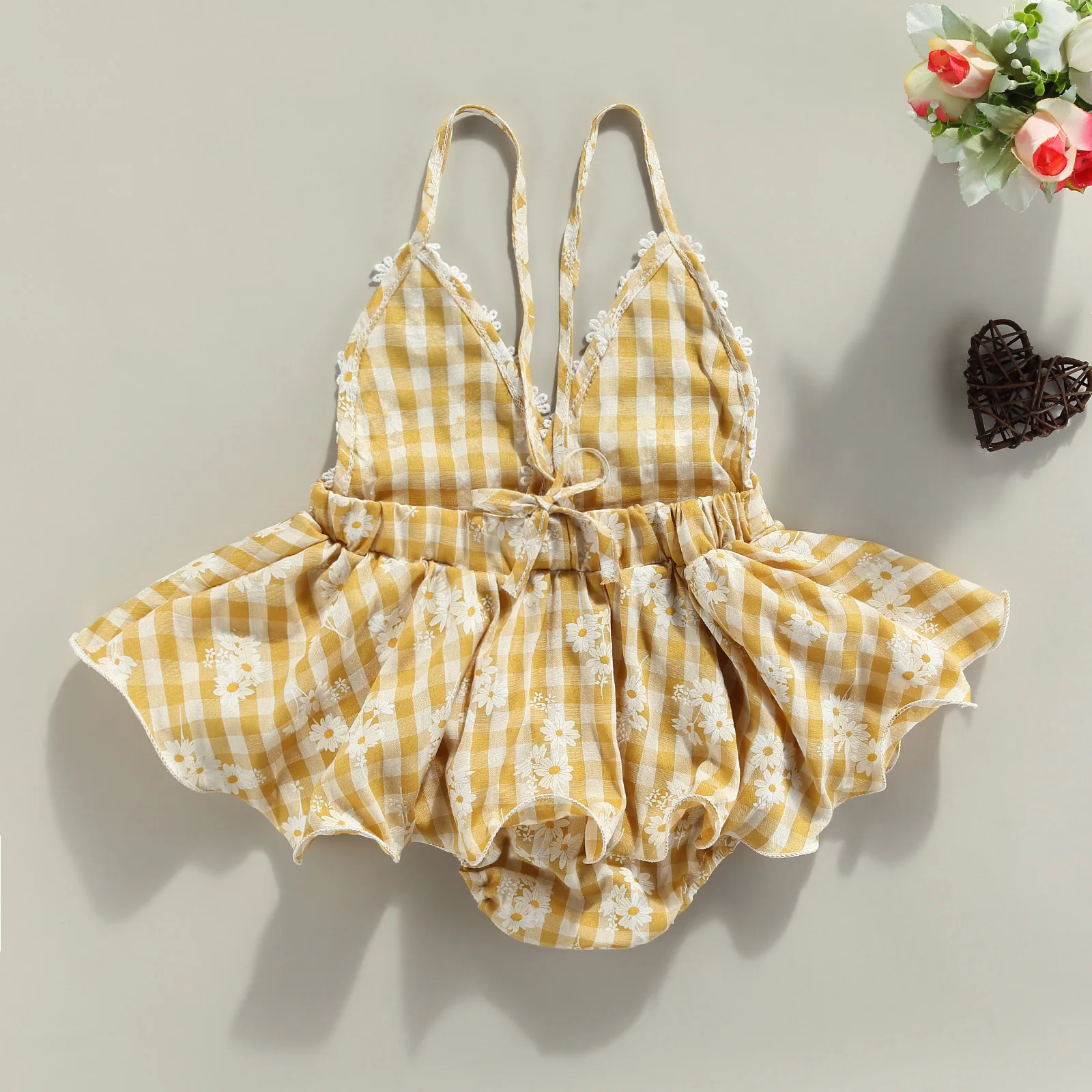 

Боди без рукавов, желтое, в клетку, с юбкой-пачкой, От 0 до 2 лет