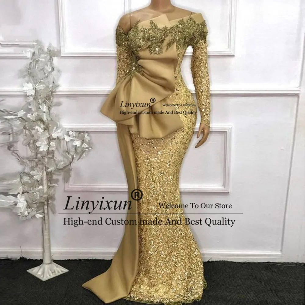 Elegant African Long Sleeves Lace Mermaid Evening Dresses 2022 Aso Ebi Long Gold Beaded Prom Gowns Custom Made Robe De Soiree