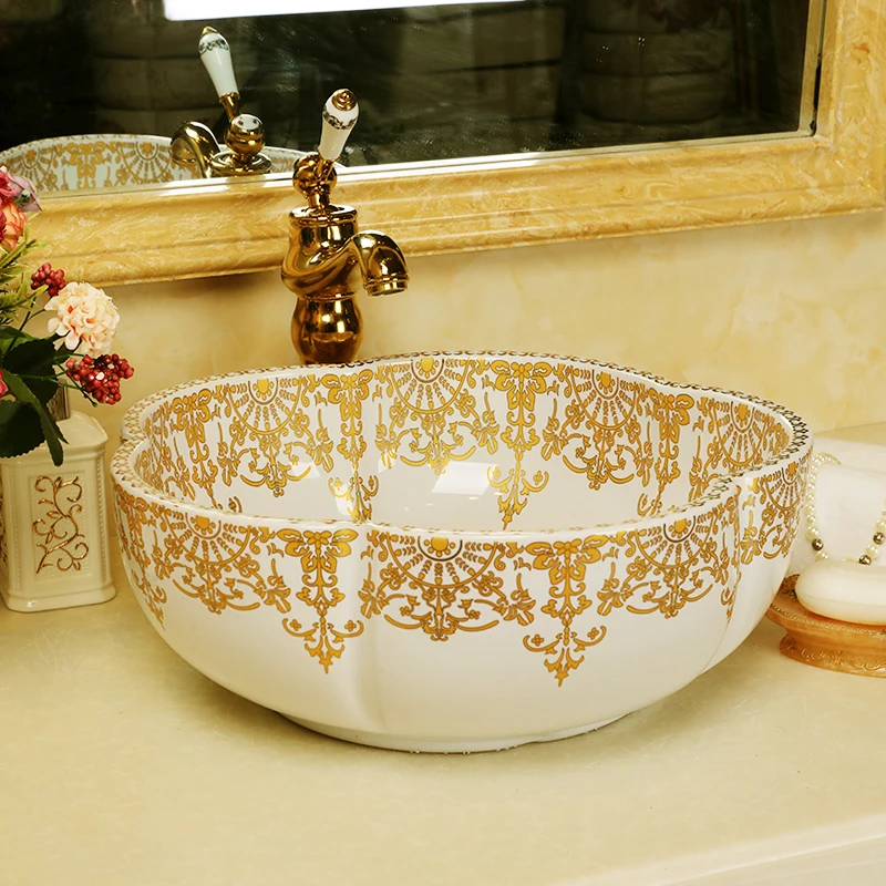 

Керамическая раковина в форме цветка для ванной комнаты, столешница, умывальник, разрисованная вручную раковина, керамическая