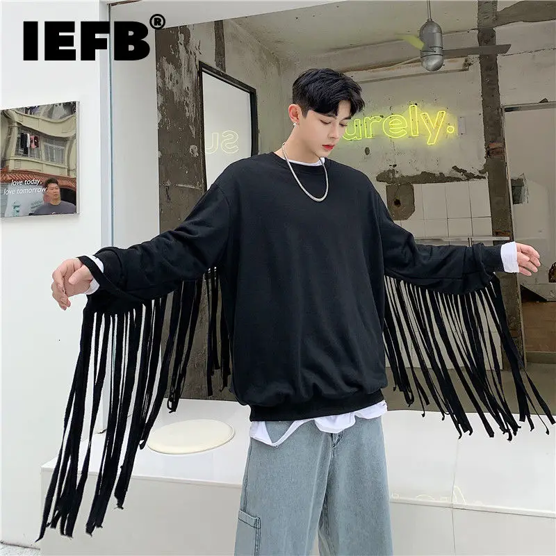 

IEFB Spring 2022 New Fashion Cut Tassel Long Sleeve O-neck Sweatshirt For Men 2022 New Black Red Oversized Pullover Tops 9Y9242