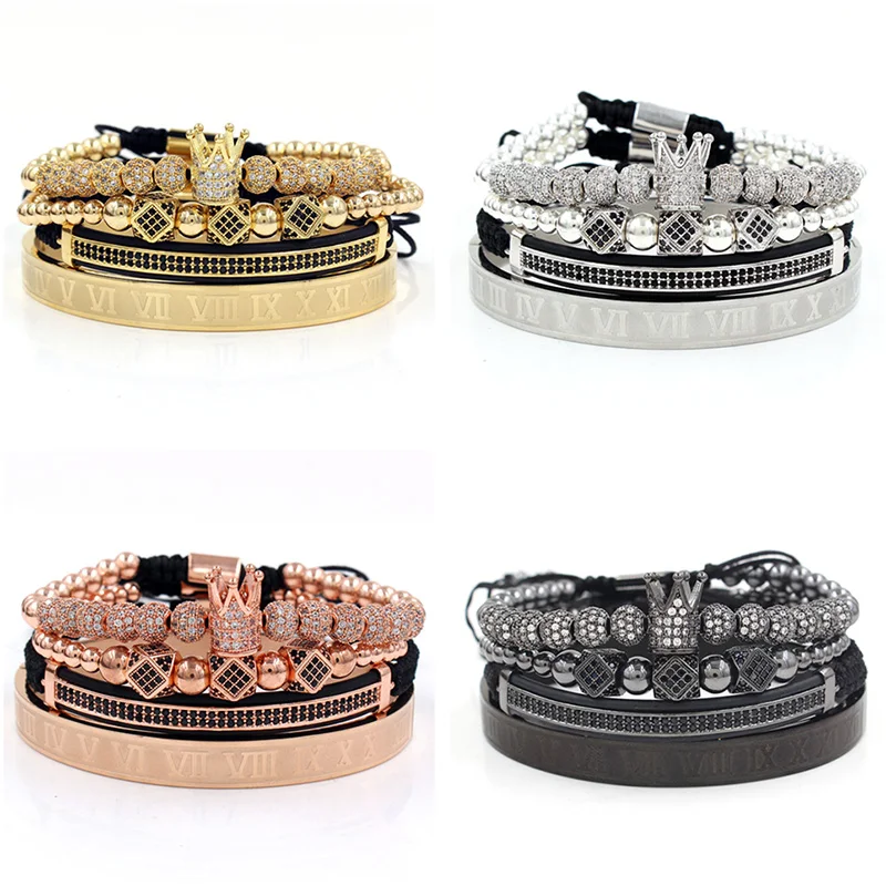 4 шт./компл. Роскошные Медь шарики CZ Корона браслет набор Для мужчин