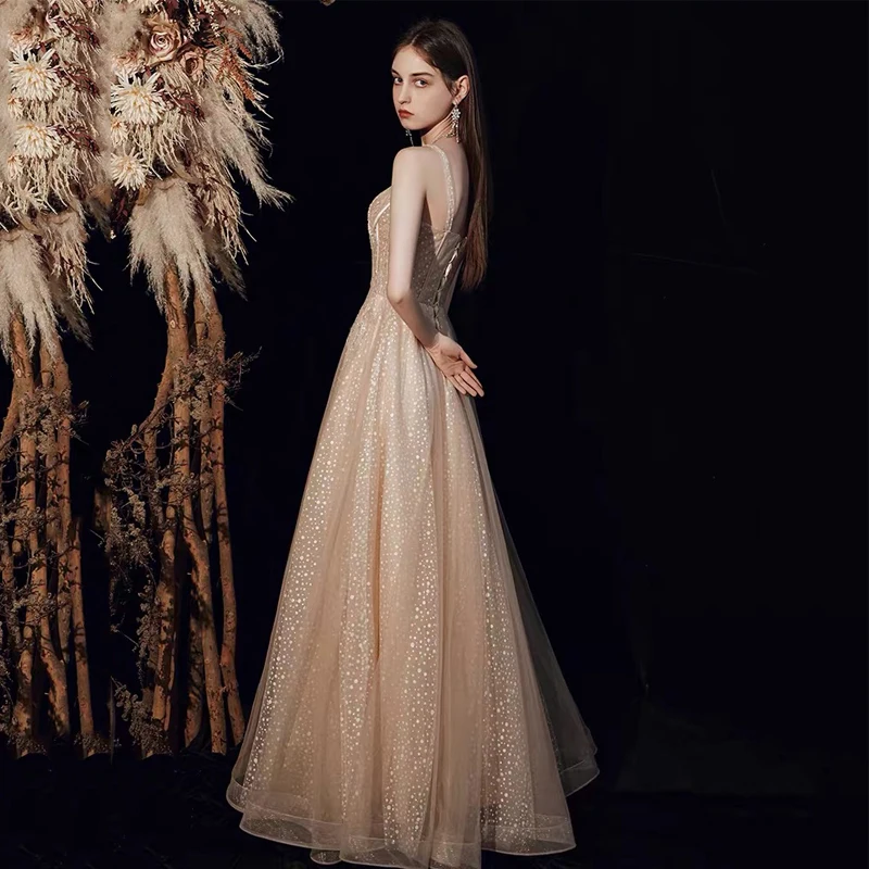 

Champagne A Line Glitter Tulle Prom Dress Lace Appliques Sweetheart Prom Gown Spaghetti Straps Party Dress Vestido De Noche