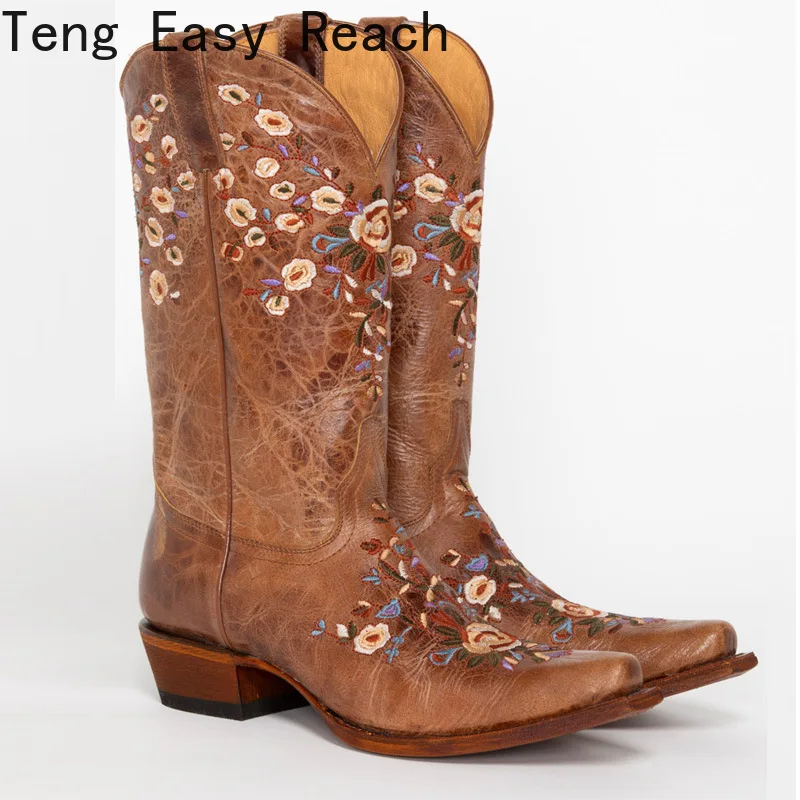 

Женские ковбойские сапоги в стиле ретро на низком каблуке, осенне-зимняя женская обувь, классные дизайнерские ковбойские сапоги с вышивкой в британском стиле, сапоги до колена с острым носком