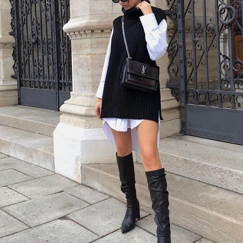 

Новинка 2022, Женский вязаный свитер, жилет с высоким воротником, Свободный Вязаный топ, женский свитер без рукавов, пуловер, женская одежда