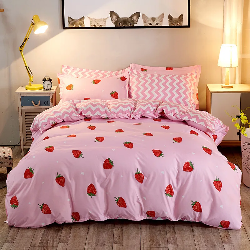 Strawberry Pink Plaid Double Sided Comforter Bedding Set King Queen Full Single Size Bed Linen Duvet Cover Sheet Pillowcase