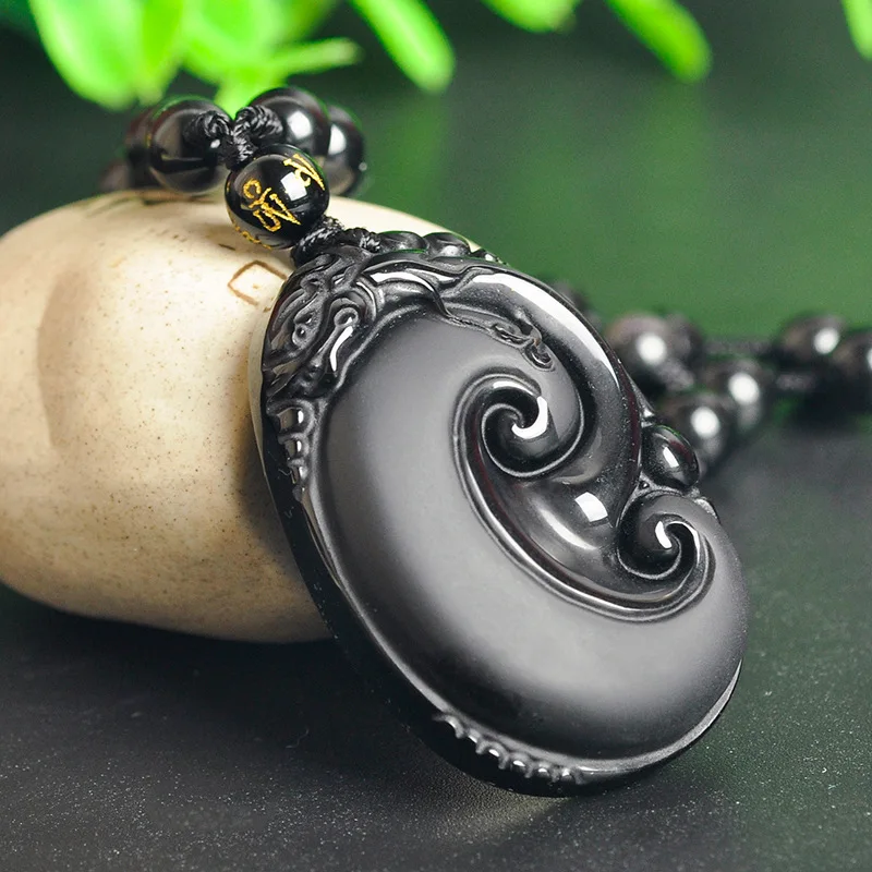 Ожерелье из натурального черного обсидиана с бусинами ручная работа Подвеска