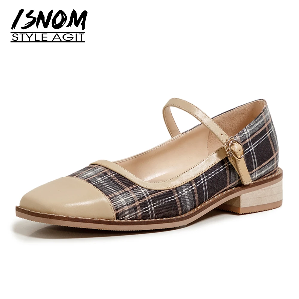 

ISNOM Woman Mary Janes Flats Shoes Shallow Casual Flats Genuine Leather Square Toe Chunky Heel Patchwork Flats Sweet Girl Shoes