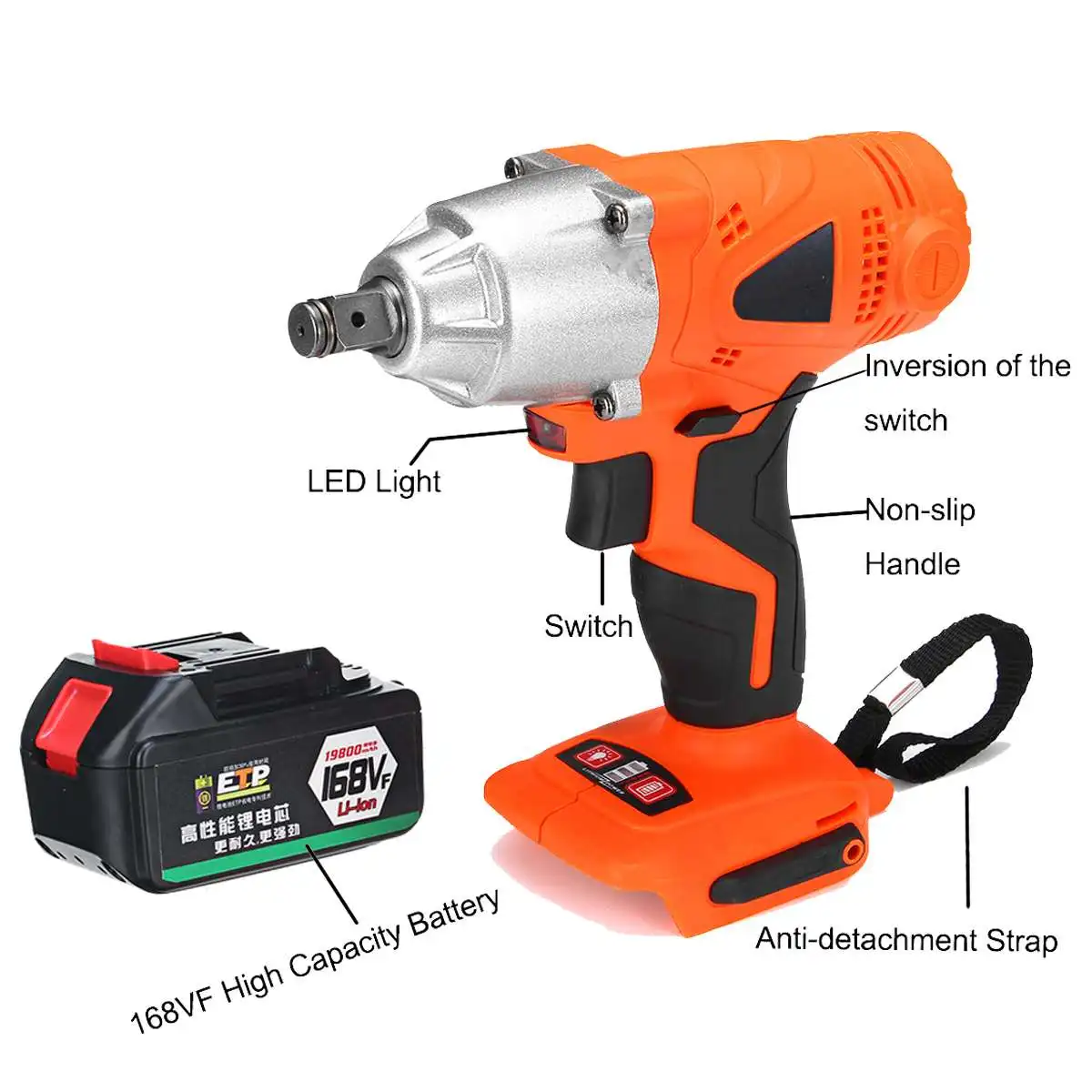 

168V Brushless Cordless Electric Impact Wrench 1/2inch Power Tools 19800mah Li Battery + LED light 1/4 Socket Power Tool
