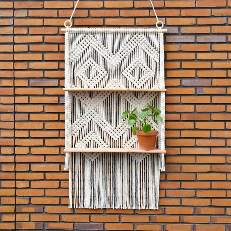 

Nordic Style Hand-woven Thread Bedside Tapestry Two-layer Shelf Shelf on Bedroom Wall Boho Home Decor
