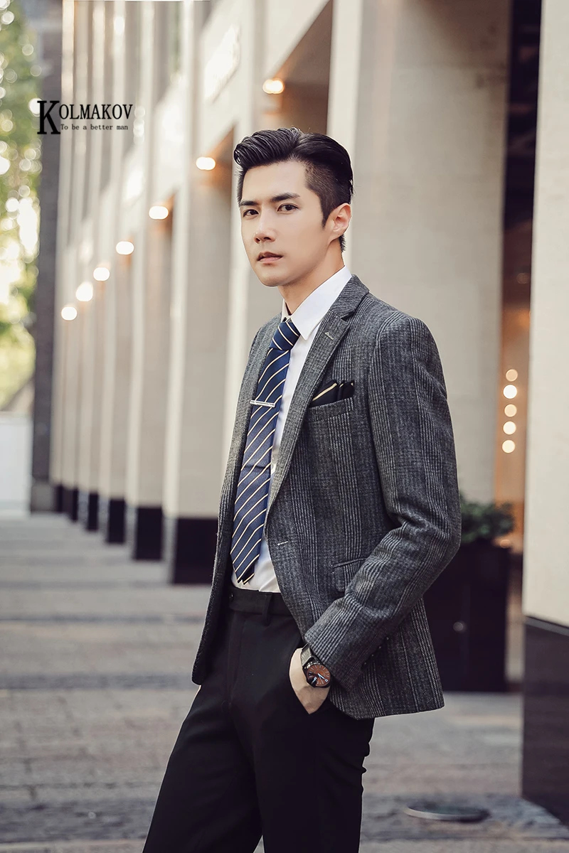 

KOLMAKOV 2020 New Arrival High Quality Wool Stripe Casual Blazer Men Fashion Slim Fit Plus Size Suit Woolen Coat 3 Color M-10XL