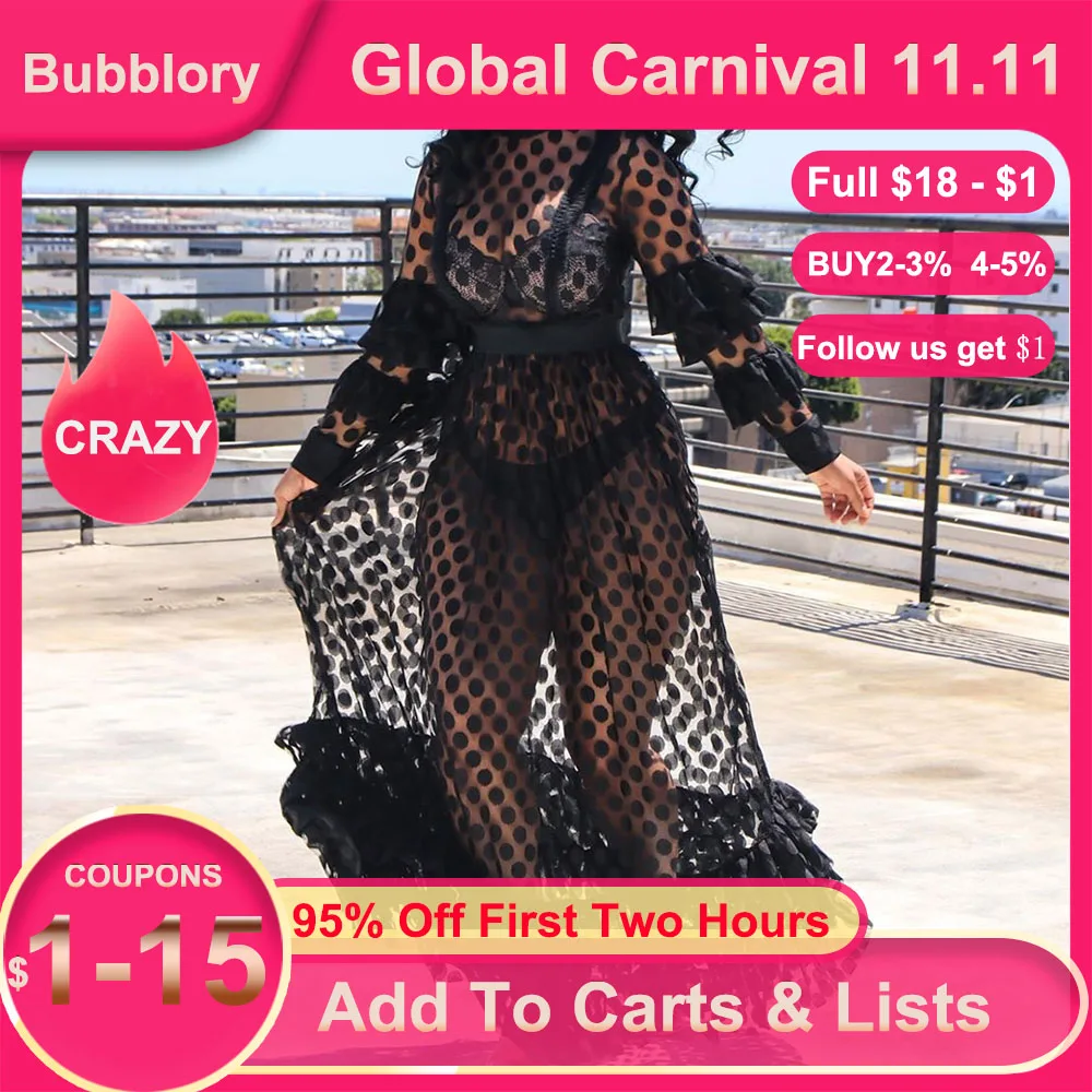 

2021 Black Beach Dresses Long Women Mesh Hollow Out Sexy Fashion Falbala Polka Dots Print Long Sleeves Sweet Vintage Maxi Dress