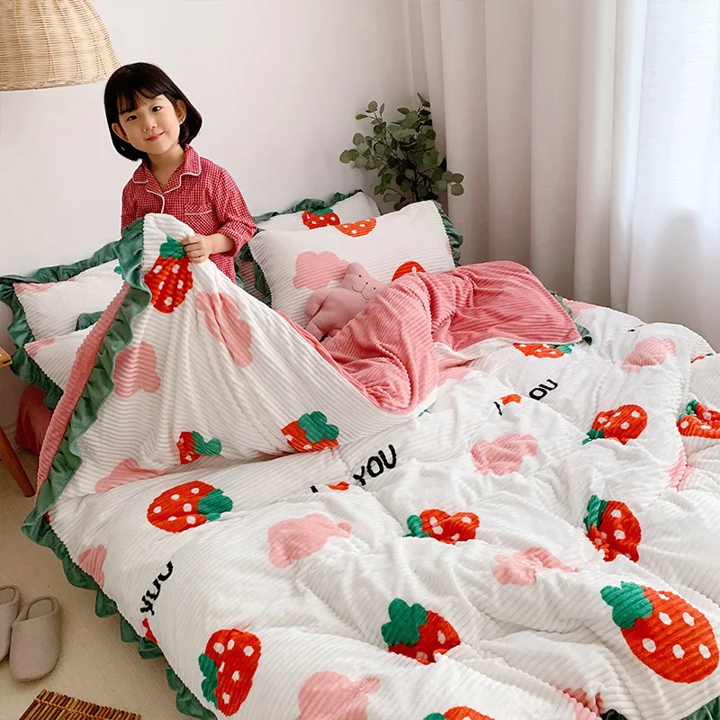 2020 winter Magic Fleece warm bedding set 3 or 4pcs/set fitted sheet duvet cover flannel fleece ruffles contrast color flat | Дом и сад