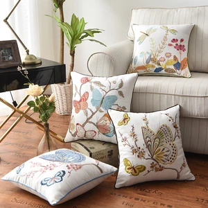 DIMI Embroidery Suqare Home decoration  for Living Room Butterfly Cushion Cover 45x45cm Floral Country Style Pillow Cover Cotton