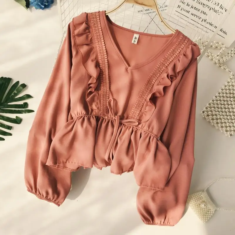 

Korean College V Collar Long Sleeve Splice Lace Waist Ruffle Casual Shirt Blouse Women Solid Color Tops D482