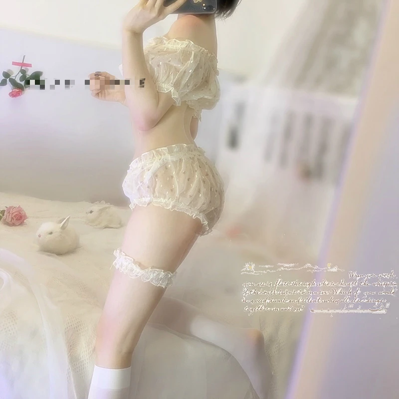 

Sexy Perspective Bra Short Sleeve Tops Shorts Lingerie Set for Women Gauze Printed Flower Kawaii Underwear Home Clothes