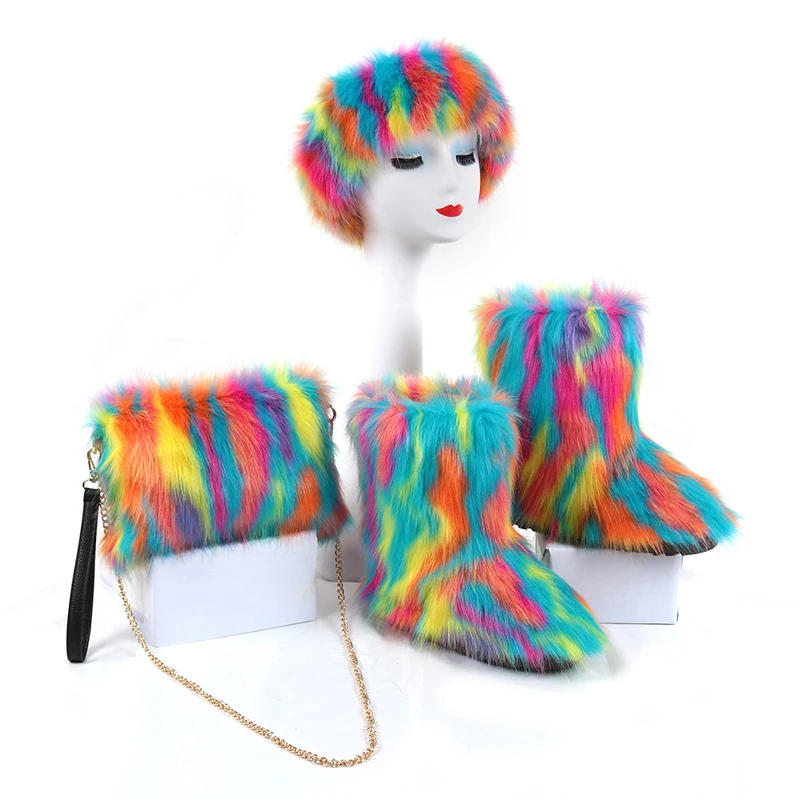 Женские зимние сапоги из искусственного лисьего меха пушистая плюшевая обувь