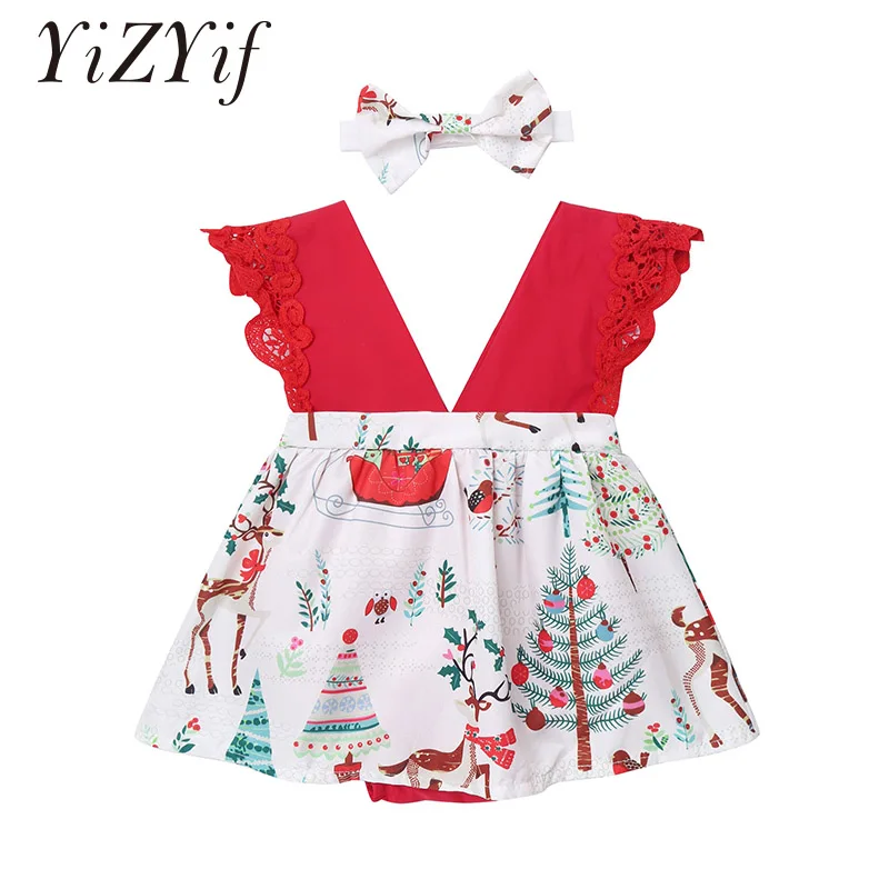 

Новый рождественский комплект одежды из 2 предметов, костюмы для младенцев, для маленьких девочек костюм-комбинезон, повязка на голову с дек...