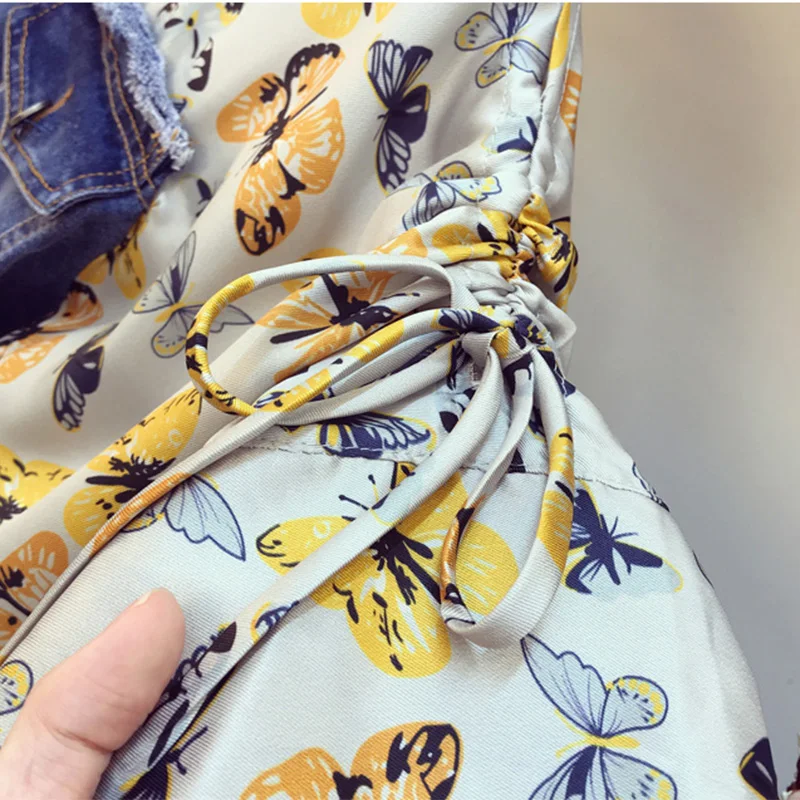 Джинсовое платье большого размера плюс 5XL элегантное в стиле пэчворк с цветочным