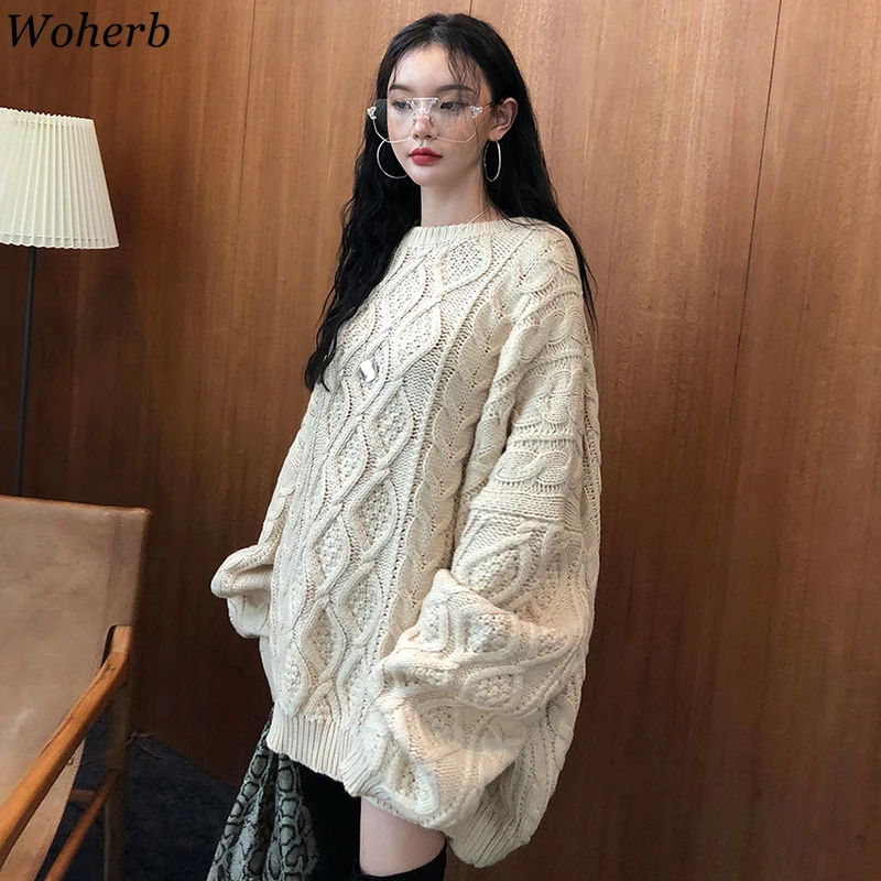 Woherb негабаритный свитер женский сплошной цветной фонарь длинный рукав свободный пуловер Джемпер Корейский Винтаж Мода Уличная 90860