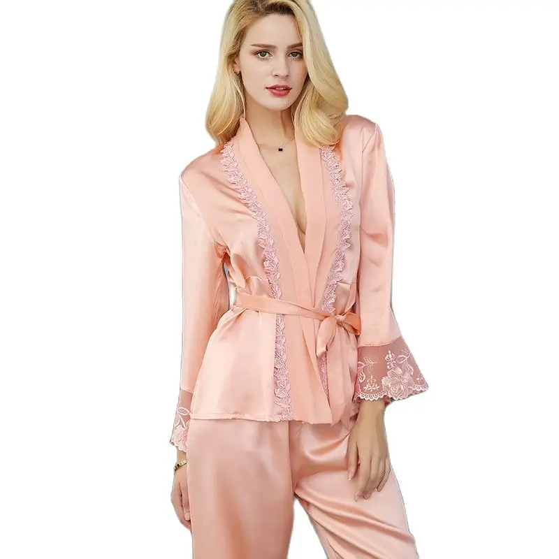 Пижама женская из натурального шелка Весна-Осень 100% Шелковая пижама с длинным