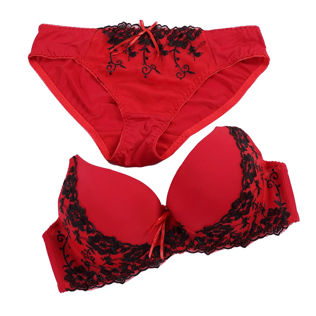 

Women Push Up Bra Thongs Briefs Set Lace Sexy Embroidery Underwear Thin Mold B/C/D Cups Comfortable Three Quarters Bras Panties