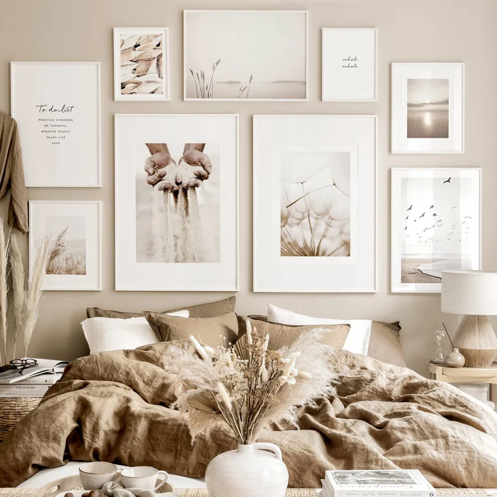 Картина на холсте с изображением бежевого одуванчика и травы Постер в богемском