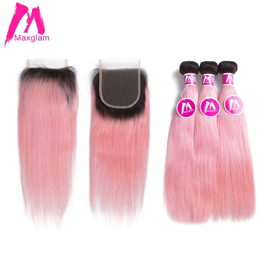Maxglam бразильские волосы пучки с закрытием Омбре цвет 1b/Розовый прямой 3