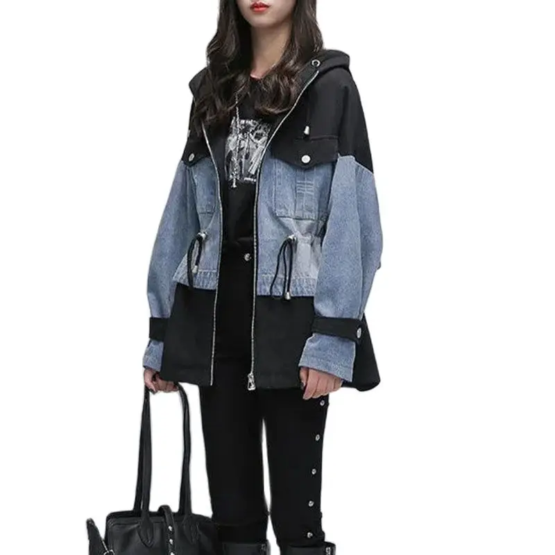 

New Spring Autumn Stitching Women's Denim Jacket Hooded Fashion All-Match Ladies Windbreakers Coat Mid-Long Cowgirl Outerwear