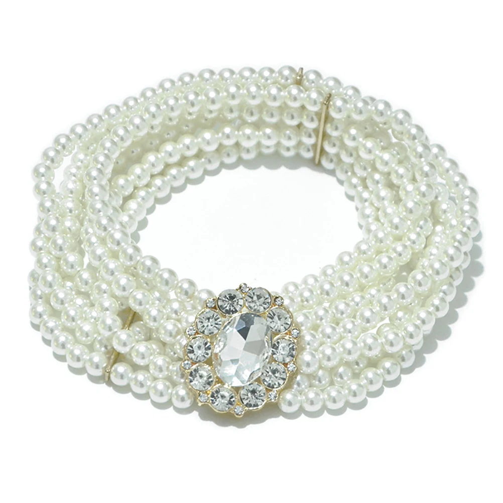

Luxury Womens Wide Elastic Stretch Belts for Women Dress Ladies Rhinestone Crystal White Simulated Pearl Belt Female