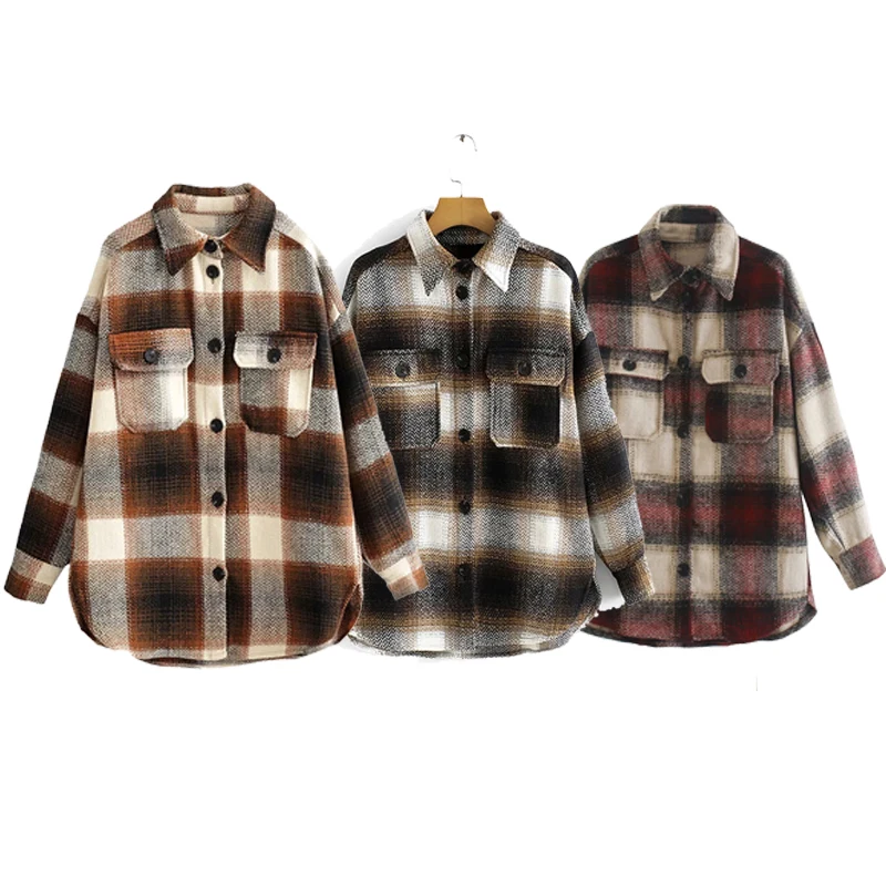 

2020 Women Vintage Oversized Plaid Jacket Autumn Winter New Fashion Pocket Streetwear Coats Female Elegant Loose Outerwear