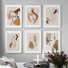 Абстрактная коричневая линия блоков, искусство, девушка, лицо, растения, скандинавские плакаты и принты, настенная живопись, холст, картина для современной гостиной