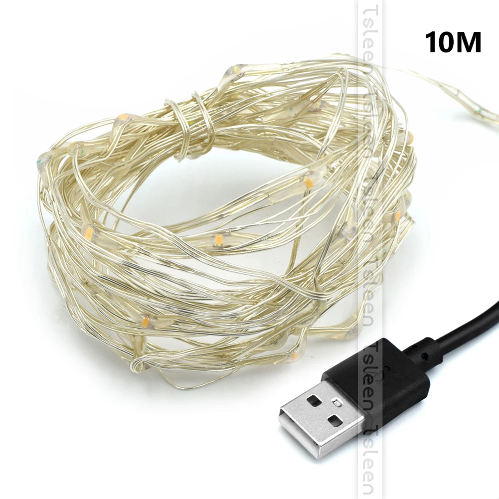 5 м 10 м серебристый провод USB светодиодный струнный светильник водонепроницаемый праздничное освещение ночного света для сказочных рождественских свадебных вечеринок украшения